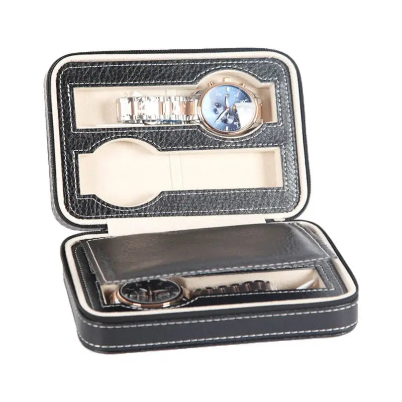 Leather Watch Box 4Slot Travel Jewelry Glasses Collector Storage