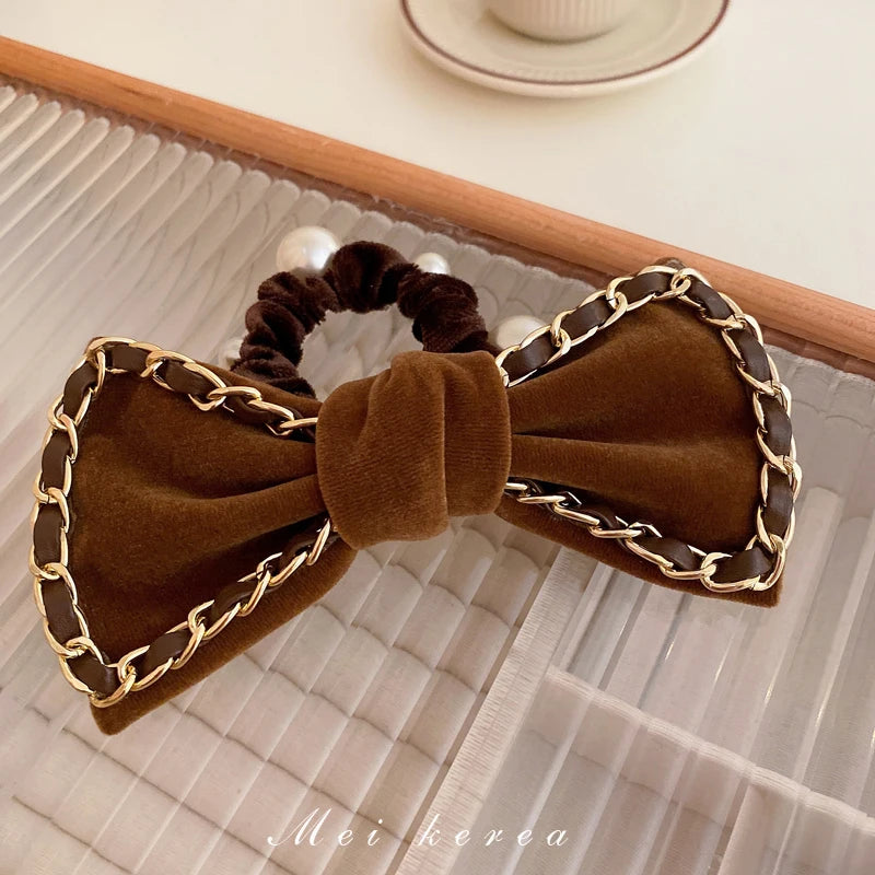Leather Bow Hair Loop Winter Pearl Hair Rope Wedding Tiara