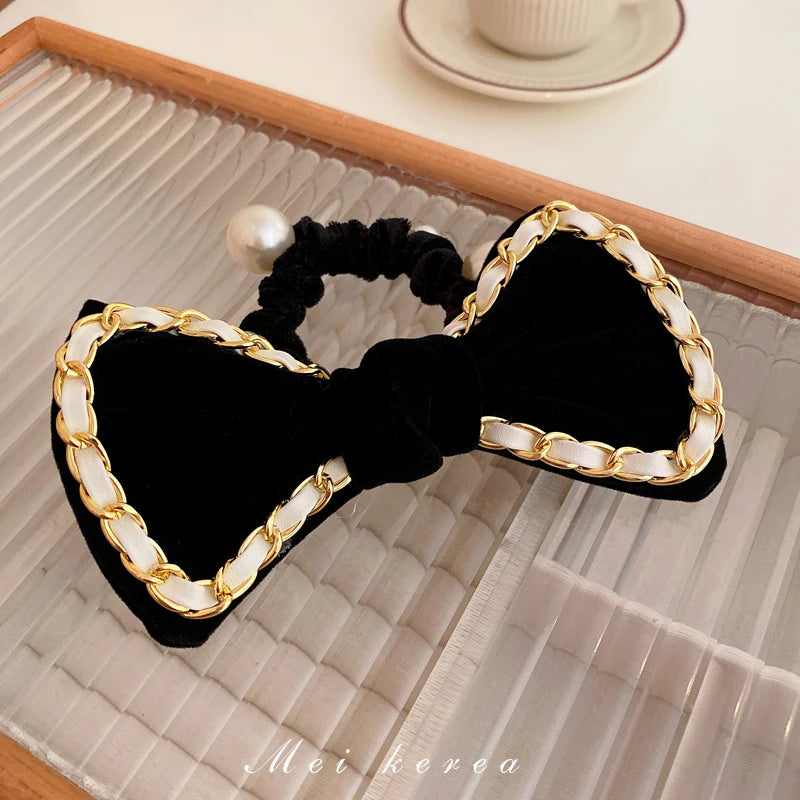 Leather Bow Hair Loop Winter Pearl Hair Rope Wedding Tiara
