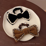 Leather Bow Hair Loop Winter Pearl Hair Rope Wedding Tiara