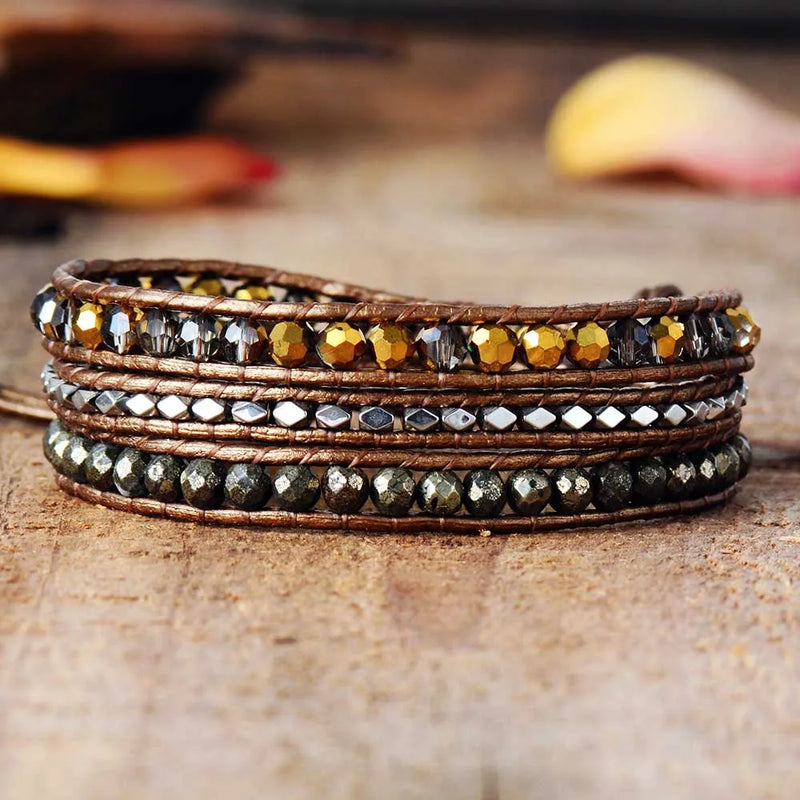 Leather Woven Bracelet Crystal Pyrite 3 Times Wrap Bracelets Beads Armband