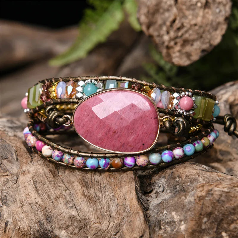 Natural Stone Crystal Weaving Leather Wrap Bracelet