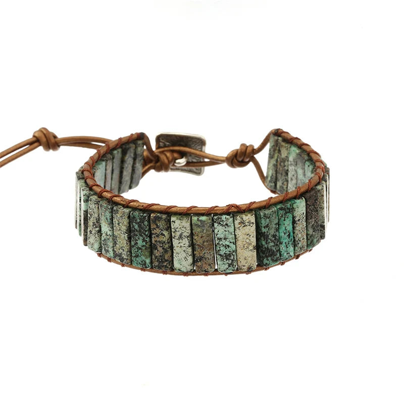 Green Stone Wrap Bracelet with Geometric Beads