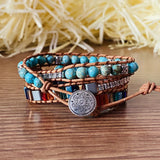 Leather Wrap Bracelet Natural Stone Beaded Triple Statement Art
