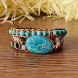 Leather Wrap Bracelet Natural Stone Beaded Triple Statement Art