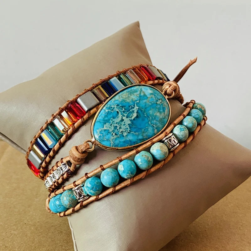 Leather Wrap Bracelet Natural Stone Beaded Triple Statement Art