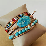 Leather Wrap Bracelet Natural Stone Beaded Triple Statement Art