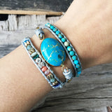 Leather Wrap Bracelet Natural Stone Sea Sediment Jasper Beaded Triple Statement