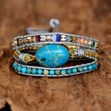 Leather Wrap Bracelet Natural Stone Sea Sediment Jasper Beaded Triple Statement