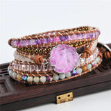Leather Wrap Bracelet Natural Stones Beads Crystal Weaving Art