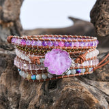 Leather Wrap Bracelet Natural Stones Beads Crystal Weaving Art
