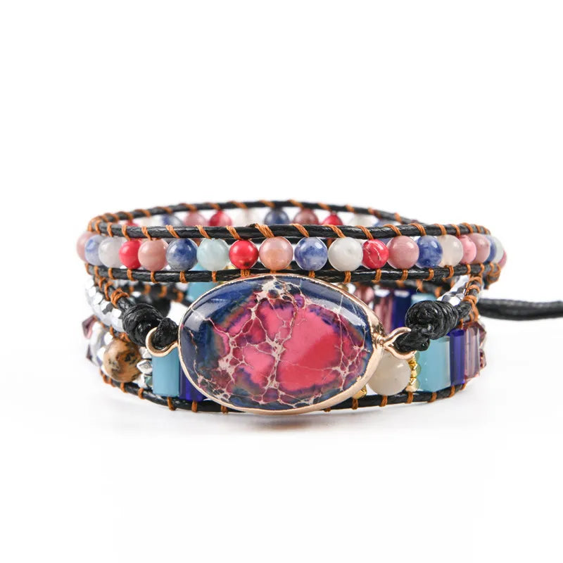 Leather Wrap Bracelet W/ Stones Beads Crystal Weaving Art Bracelet