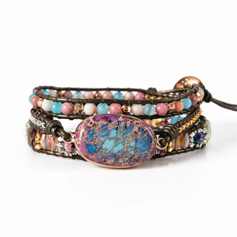 Leather Wrap Bracelet with Stones Natural Beads Crystal Weaving