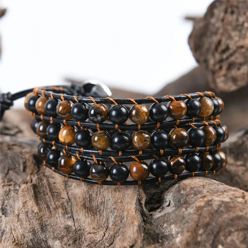 Leather Wrap Bracelet Tiger Eye Beads Crystal Weaving Men Women