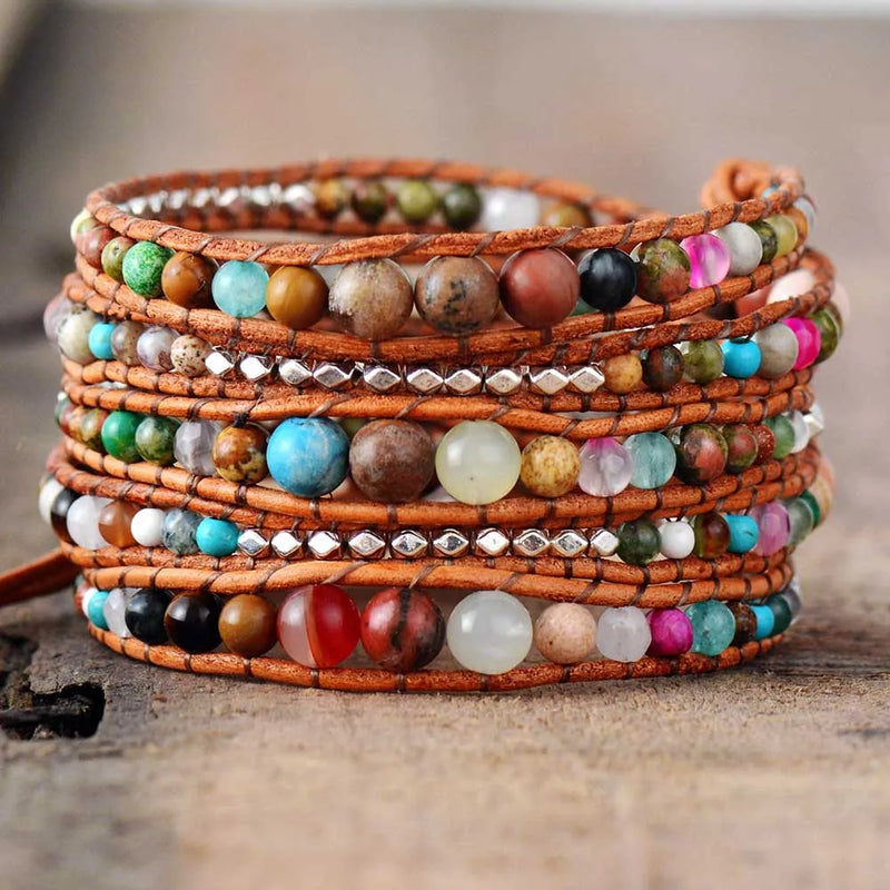 Leather Wrap Bracelets Women Graduated Natural Stones