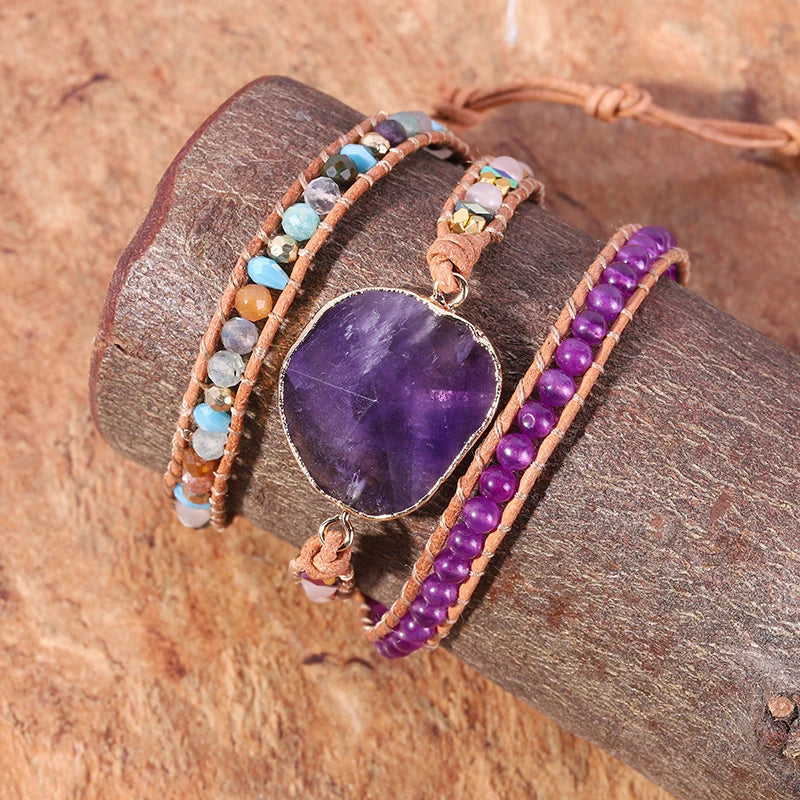 Leather Wrap Bracelet with Amethyst Crystals