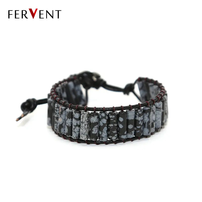 Boho Leather Wrap Bracelet with Cylinder Bead and Turquoises