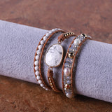 Leather Wrap Bracelet Natural Stone Pine Crystal Beaded Art Bohemian Jewelry