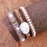 Leather Wrap Bracelet Natural Stone Pine Crystal Beaded Art Bohemian Jewelry