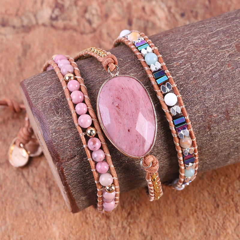 Leather Wrapped Bracelet Stone Multicolor Bead Tiger Bard Weaving Art Gift