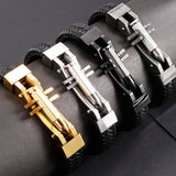 Leather Wristband Bangle Man Bracelet Stainless Steel Wrap Bracelet