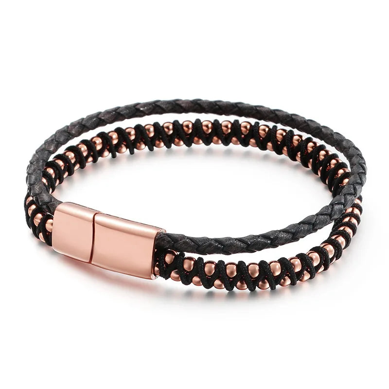 Men's Leather Rope Bracelet Stainless Steel Handmade Jewelry