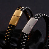 Men's Leather Rope Bracelet with Stainless Steel Braided Design