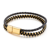 Men's Leather Rope Bracelet with Stainless Steel Braided Design