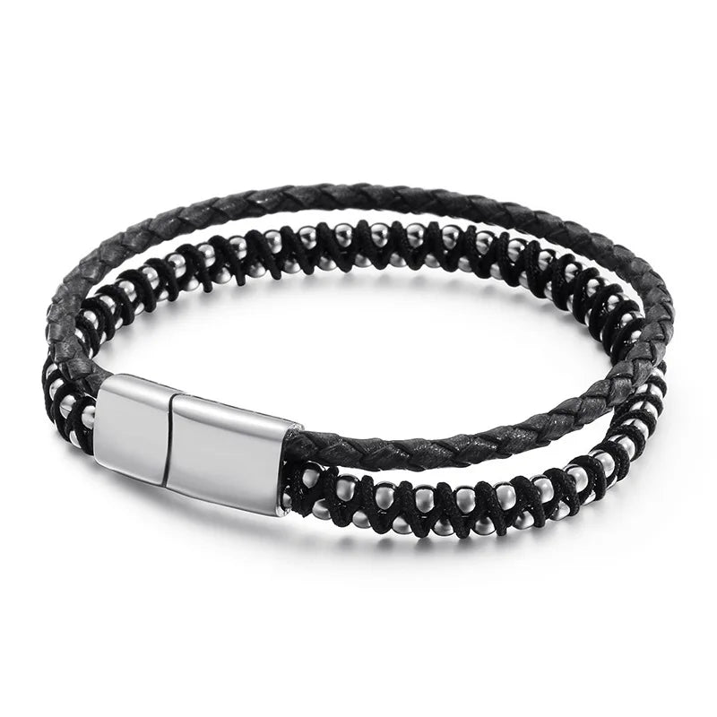 Men's Leather Rope Bracelet with Stainless Steel Braided Design