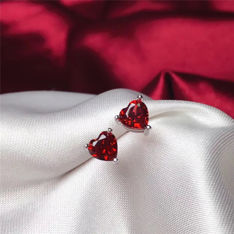Heart Garnet Stud Earrings 5MM 925 Sterling Silver