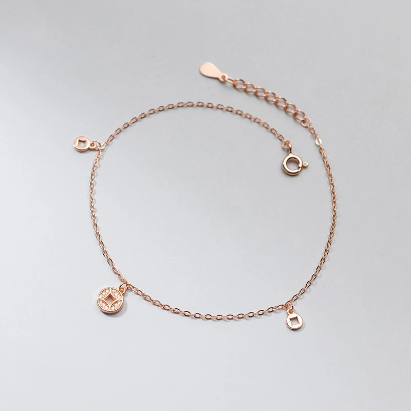 925 Silver Ankle Bracelet with Coin Charm for Women