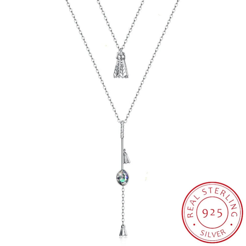 Lekani 925 Silver Long Pendant Necklace Double Chains Colorful Beads Crystals