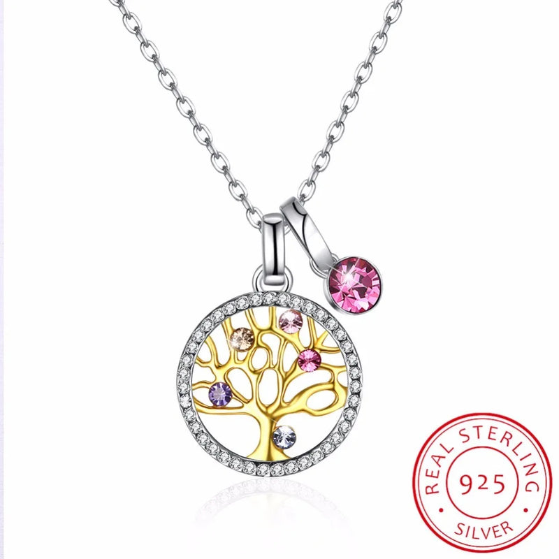 Lekani Tree Of Life Round Pendant Necklaces Crystal Women Fine Jewelry