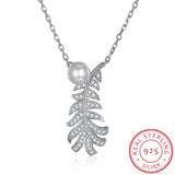 Lekani Crystas Leaf Pendant Necklace S925 Silver Pearls Collar