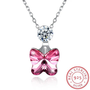 Lekani Crystals Necklace Pink Butterfly Pendant Sterling Silver Jewelry