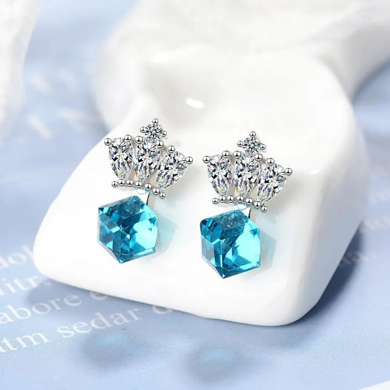 Lekani Crystals Stud Crown Earrings 925 Sterling Silver Cube Earring