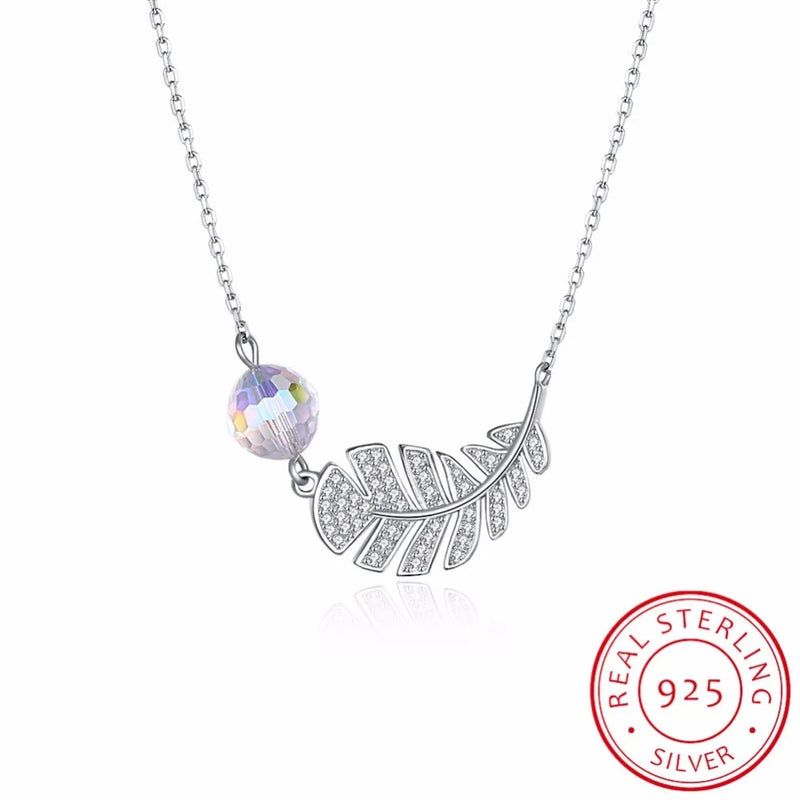 Lekani Feather Leaf Pendant Necklace Real S925 Silver Beads Collar