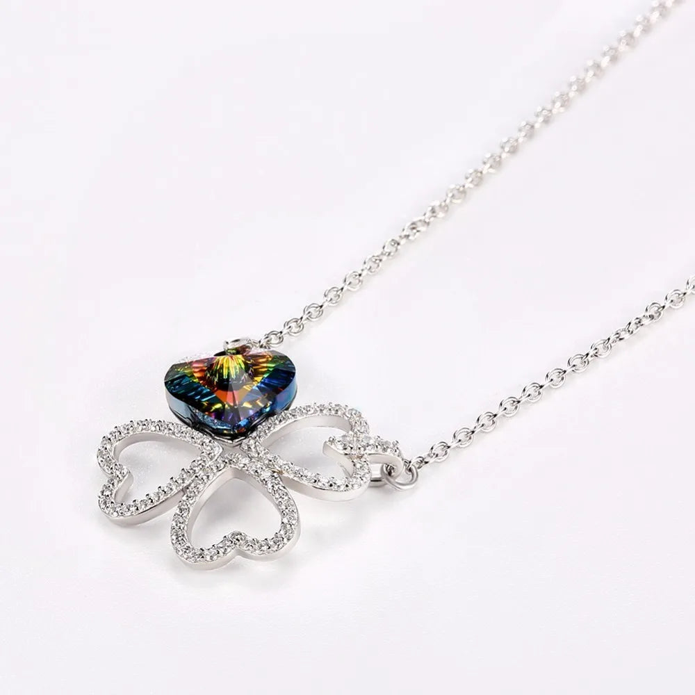 Four Leaf Clover Necklace Pendant 925 Sterling Silver Heart Crystal