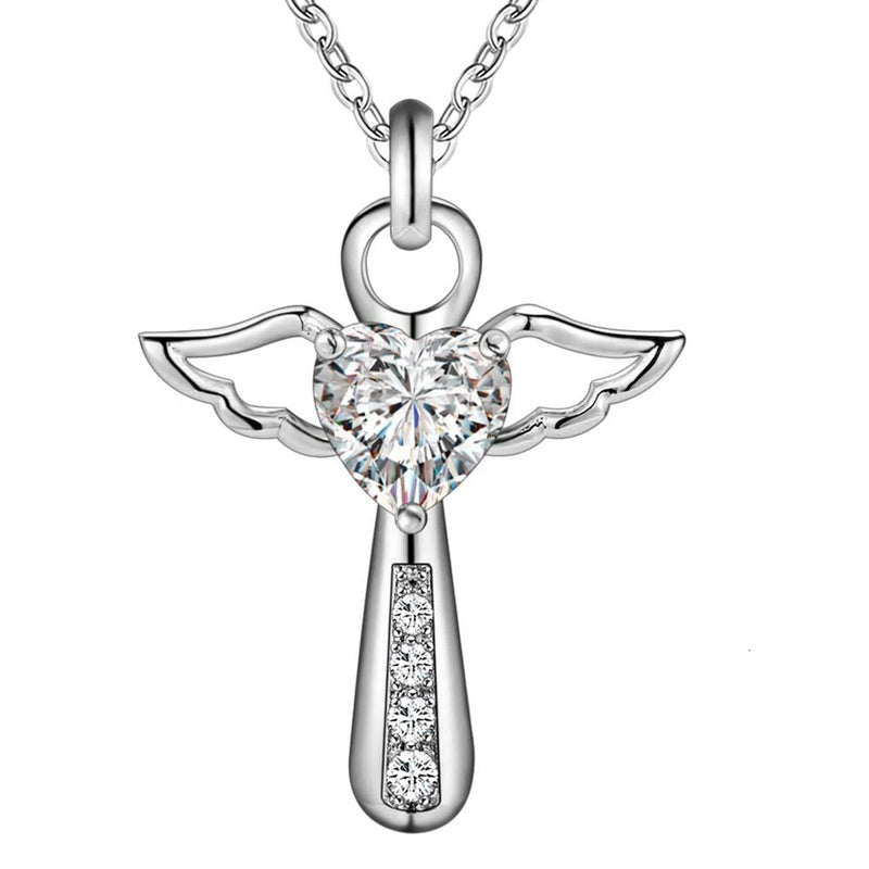 925 Sterling Silver Jesus Cross Necklace Angel Wings Heart Pendant