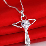 925 Sterling Silver Jesus Cross Necklace Angel Wings Heart Pendant