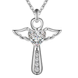 925 Sterling Silver Jesus Cross Necklace Angel Wings Heart Pendant