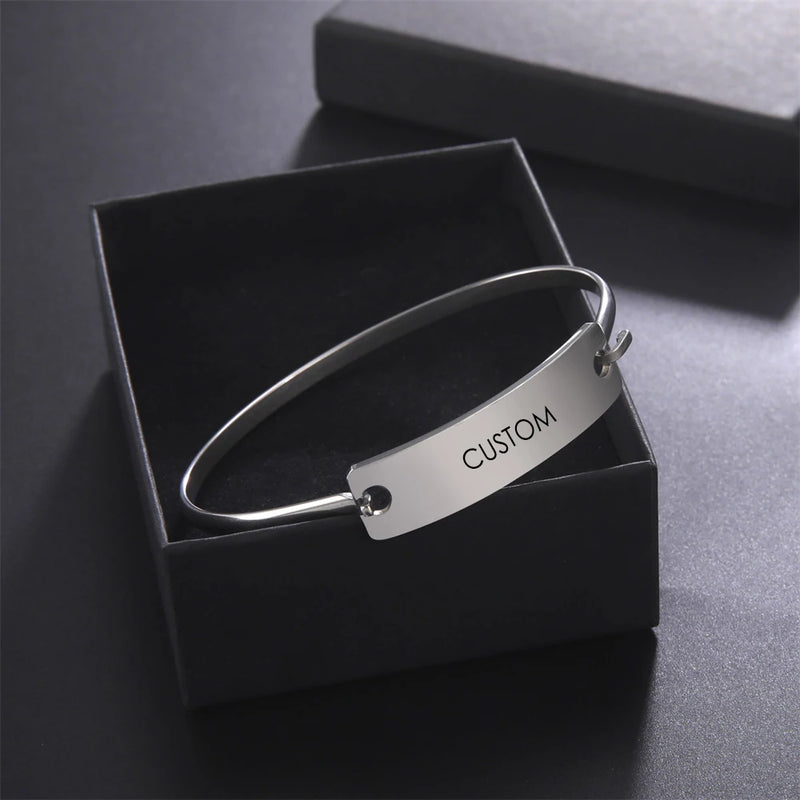 Lemegeton Engraved Name Date ID Cuff Bangle Stainless Steel Jewelry