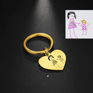 Personalized Kids Drawing Keychain - Engraved Handwriting Family Key Chain