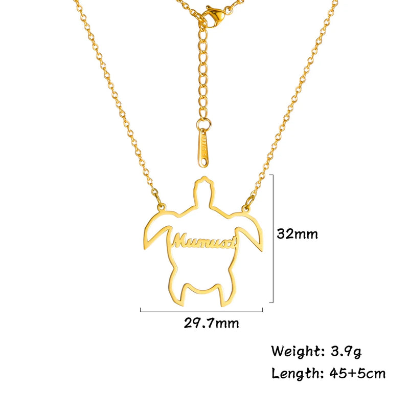 Lemegeton Turtle Pendant Name Necklace Women Stainless Steel Animal Jewelry