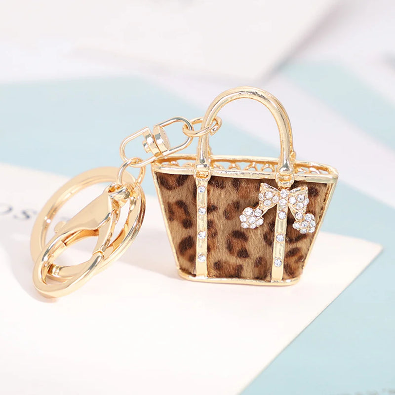 Leopard Bag Keychain Rhinestone Charms Pendant for Women Keychains