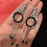 Leopard Head Emerald cut stone tassel long drop earrings silver 925 needle