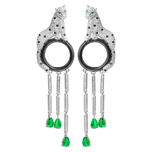 Leopard Head Emerald cut stone tassel long drop earrings silver 925 needle