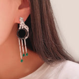 Leopard Head Emerald cut stone tassel long drop earrings silver 925 needle