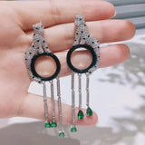 Leopard Head Emerald cut stone tassel long drop earrings silver 925 needle