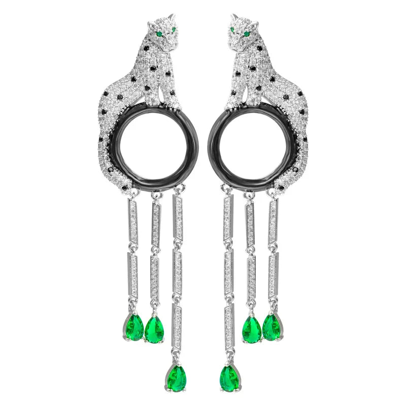 Leopard Head Emerald cut stone tassel long drop earrings silver 925 needle